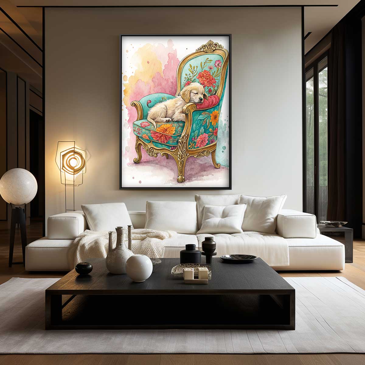 Dromerig Hondje op Bloemenstoel – staand kunstwerk voor modern interieur