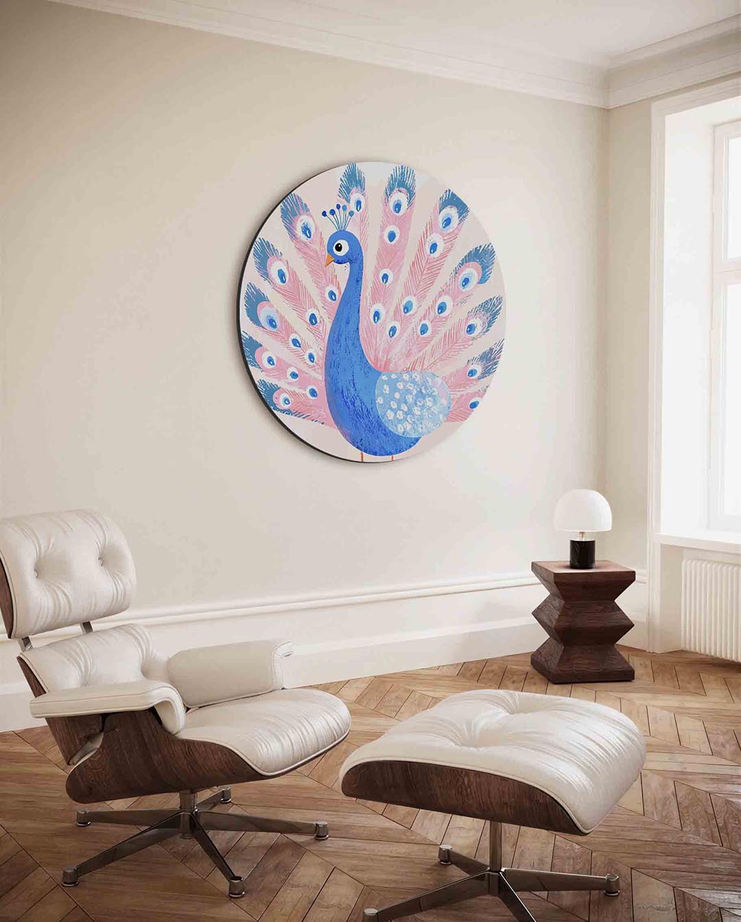 Blauwe pauw – kleurrijke ronde wanddecoratie van WallArtistic