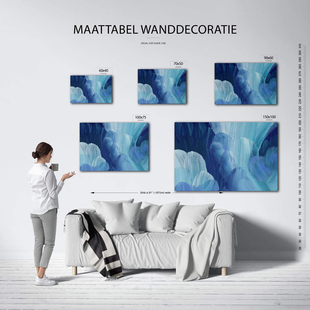 Dynamische blauwtinten – Beweging – moderne liggende wandkunst
