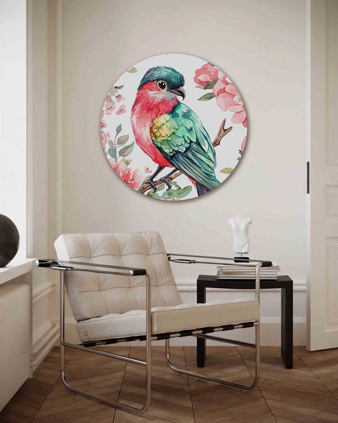 Vogel en bloemen – kleurrijke illustratie muurcirkel als wanddecoratie
