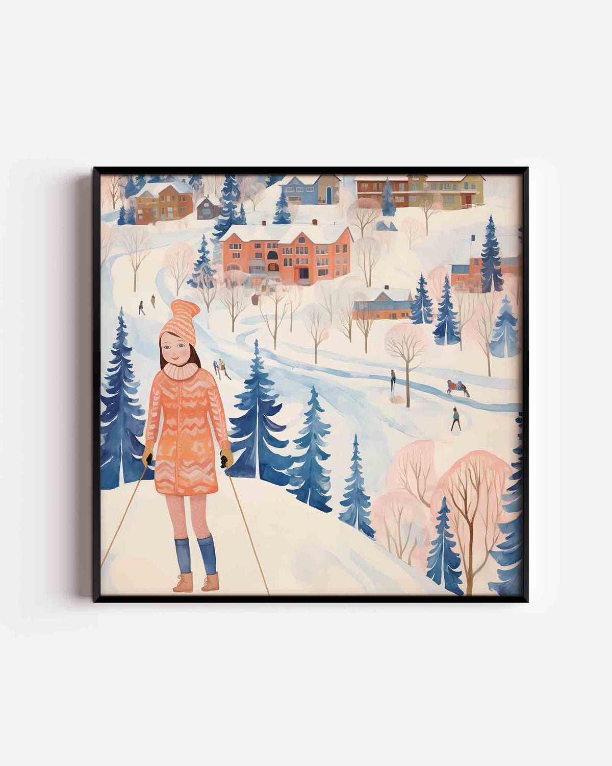 Winterlandschap met skiër – kerst vierkante poster als wanddecoratie