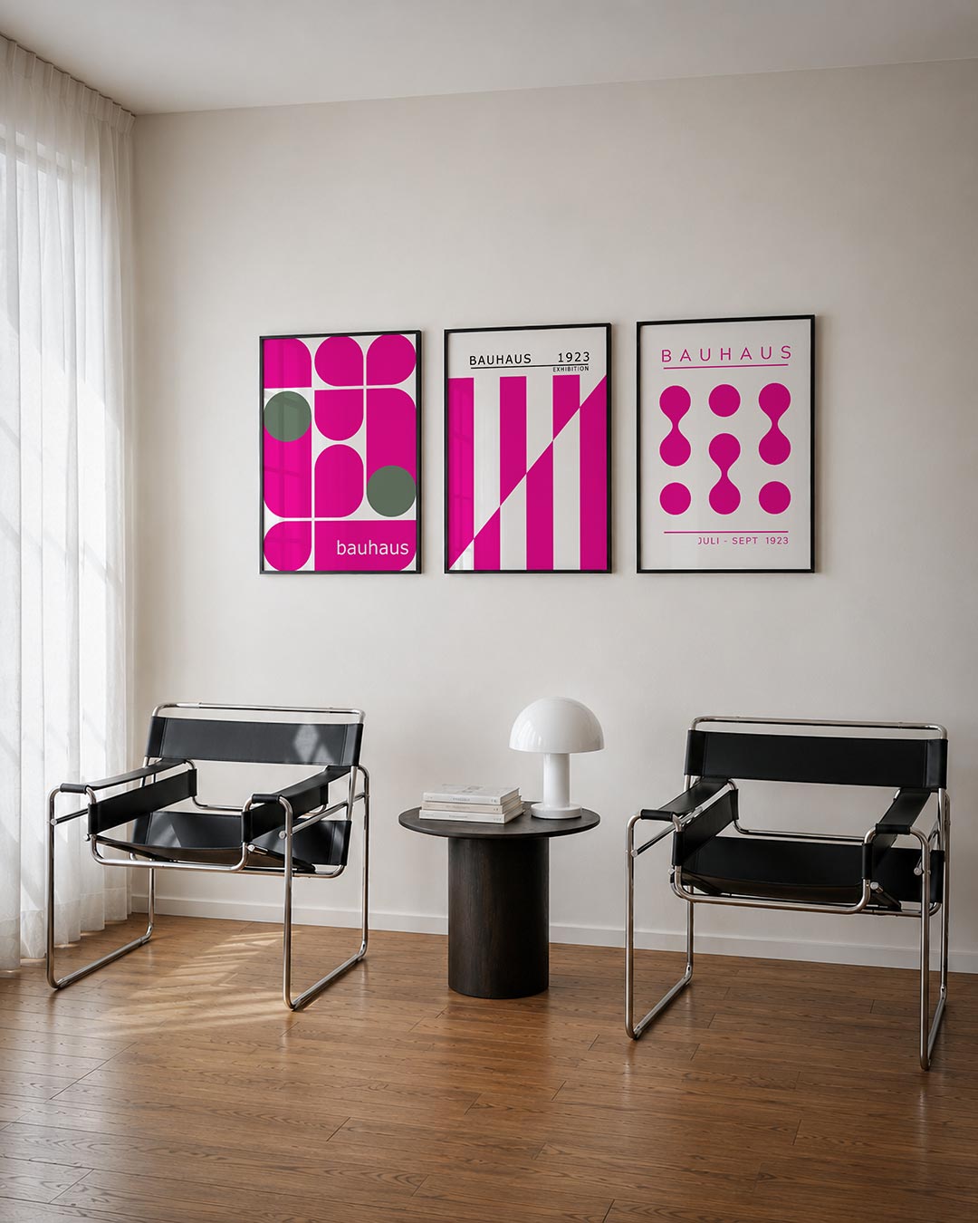 Vormen en kleur posterset – tweede productweergave – deze posterset in drie delen toont levendige roze en grijze