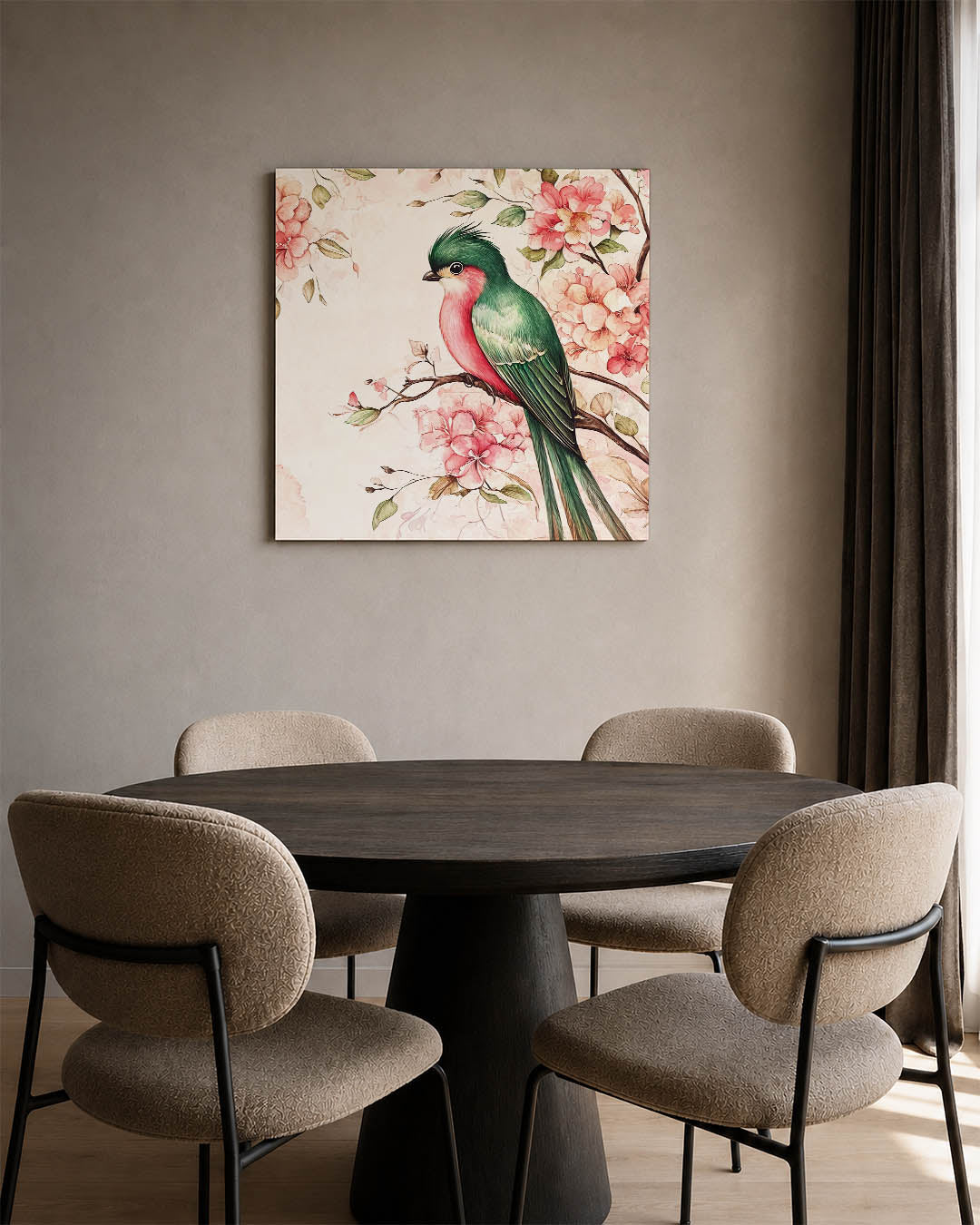 Vogel en bloemen kunstwerk – derde productweergave – dit werk toont een kleurrijke vogel zittend op een tak, omringd door