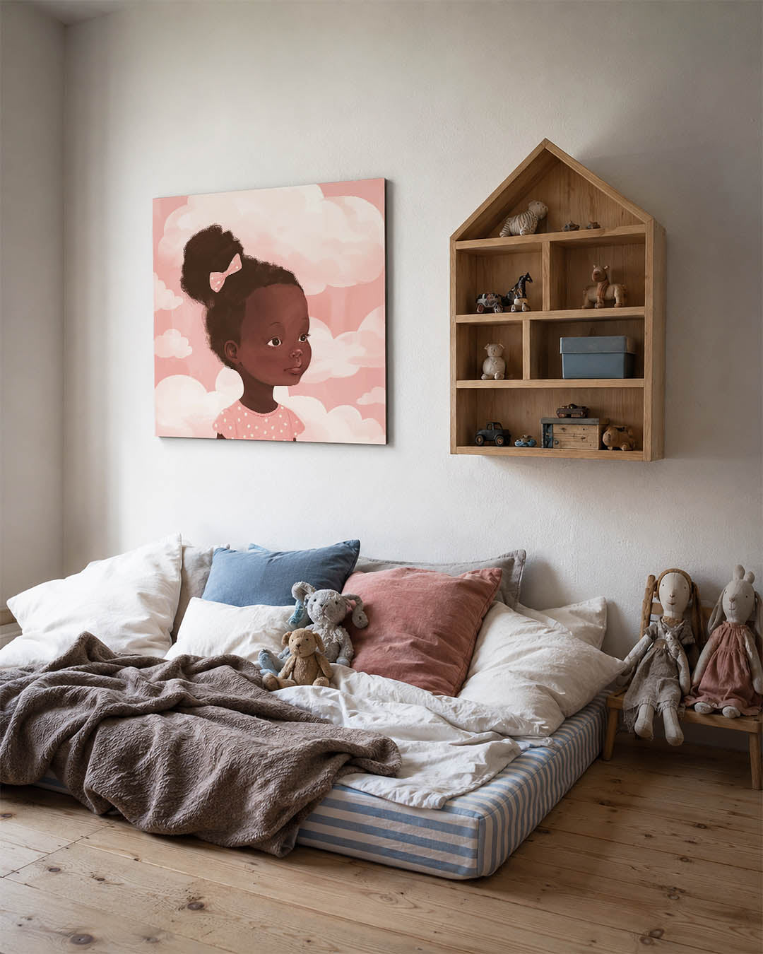 Dromerig portret meisje kunstwerk – derde productweergave – een jong meisje met een schattige strik in haar haar kijkt