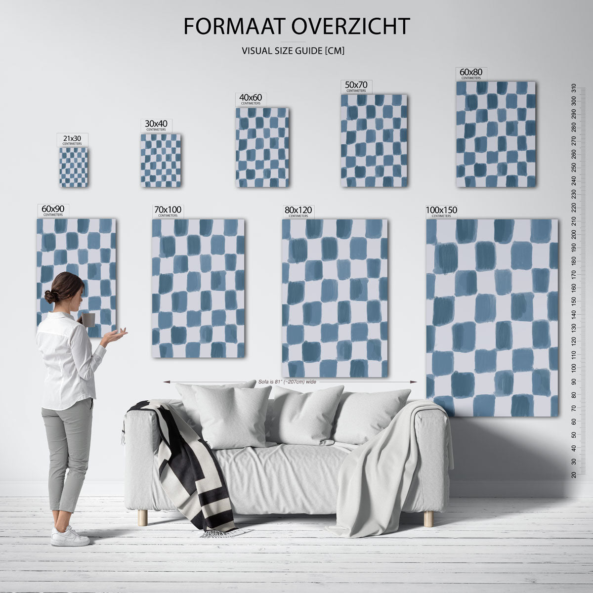 Blauwe vierkanten – staande muurposter met kunst en design