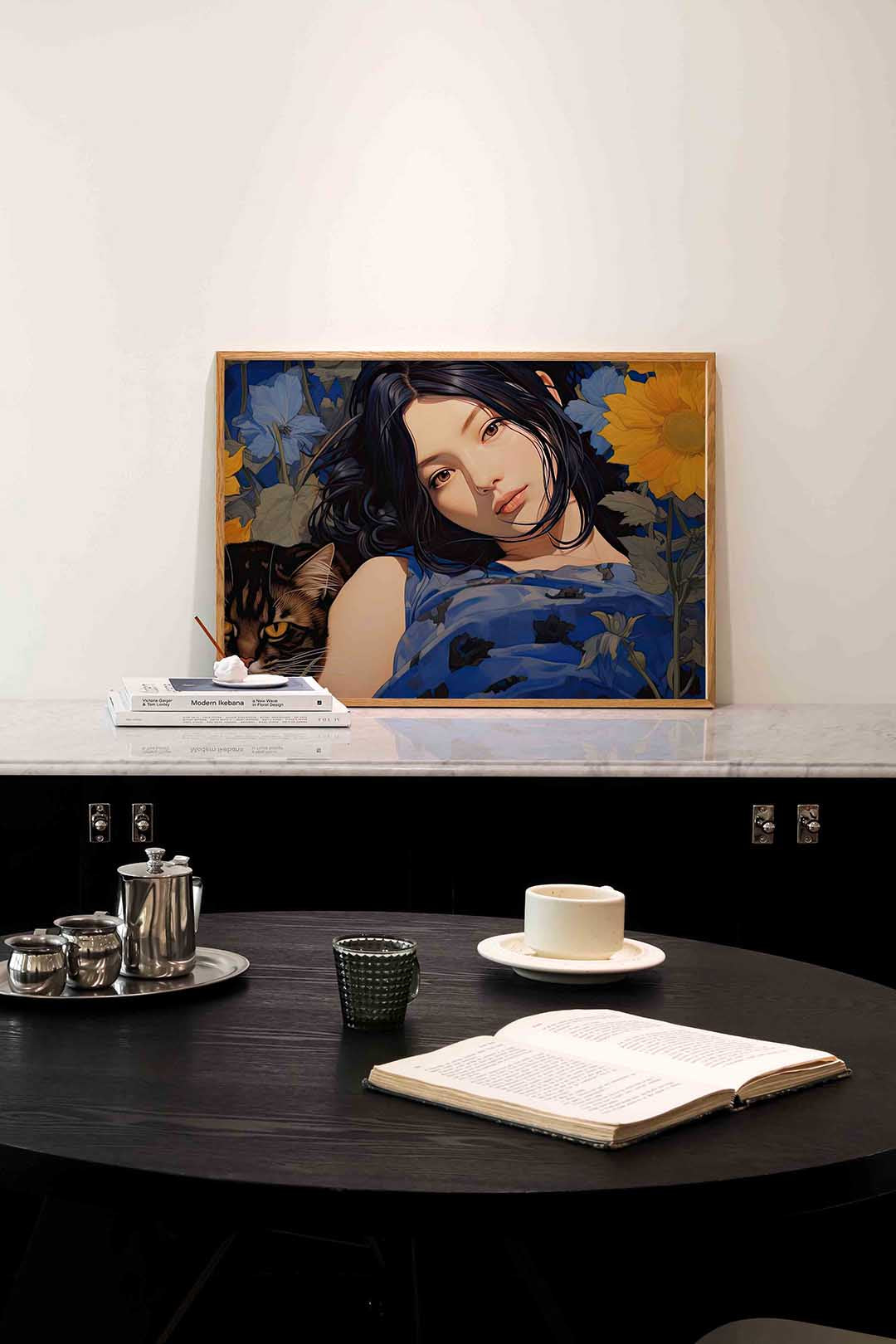 Vrouw en kat met bloemen – portret poster in liggend formaat