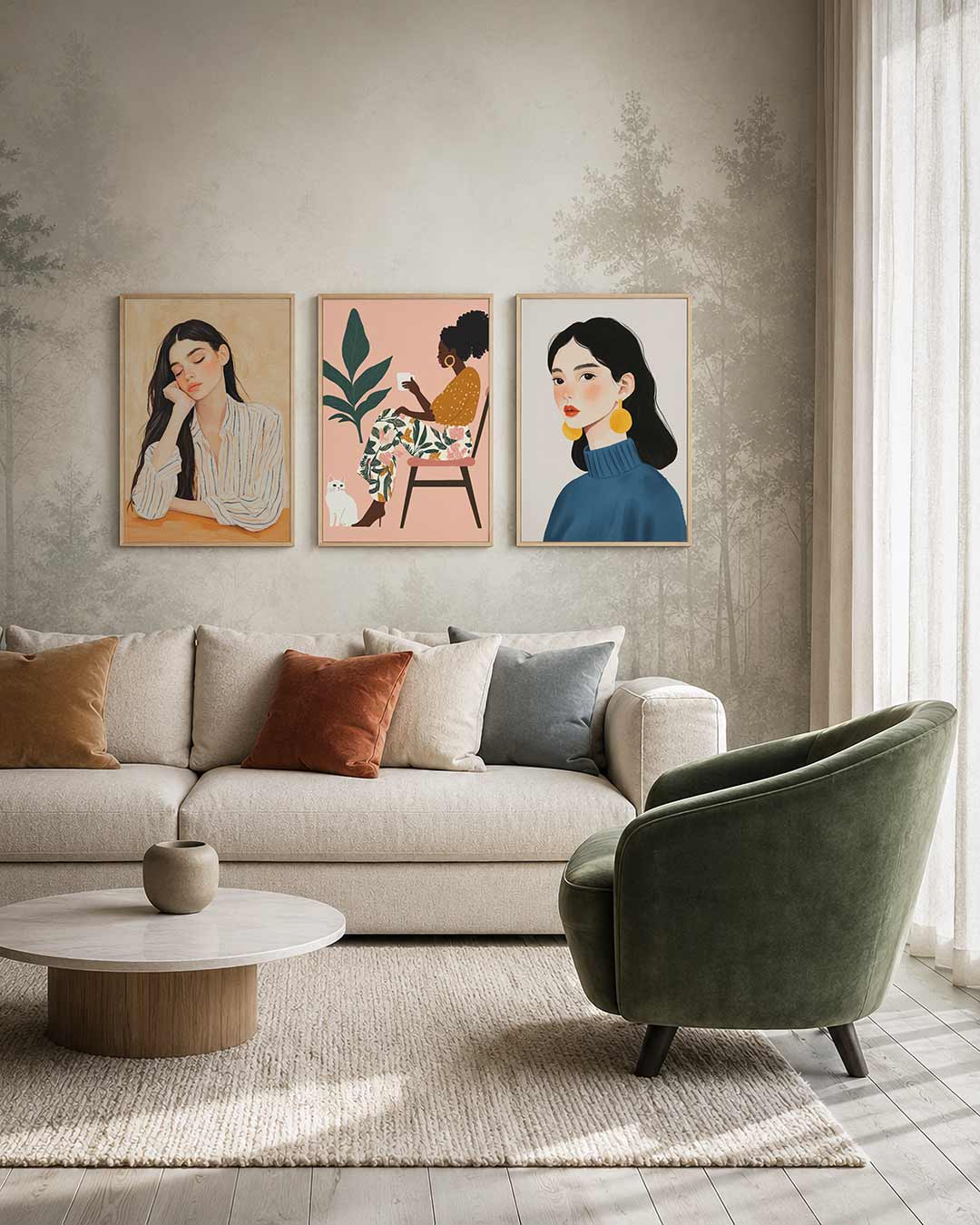 Rustige droom driedelige posterset – een compositie met zachte huidtinten en een gestreepte