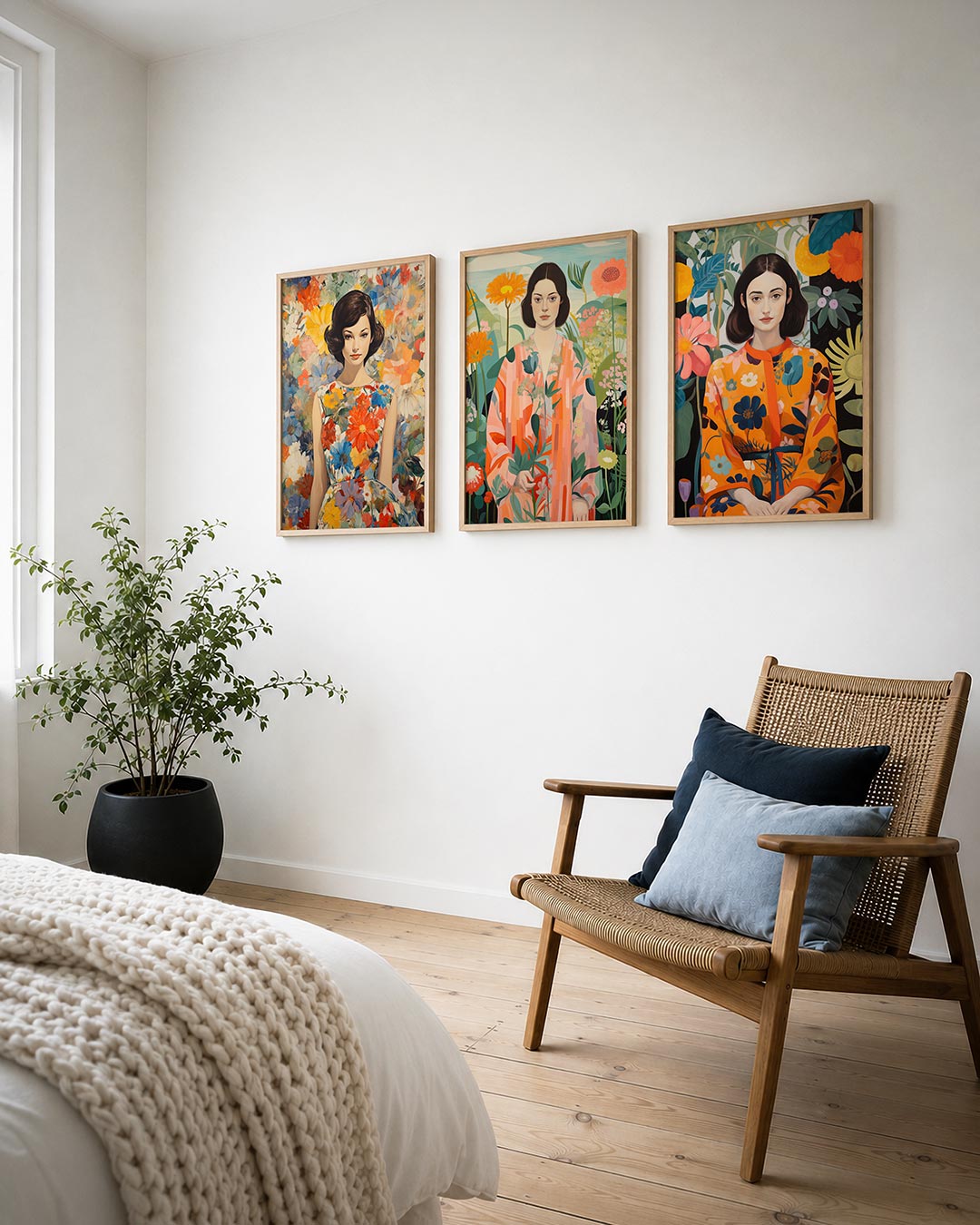 Bloemenexplosie portret posterset – derde productweergave – een vrouw omringd door een zee van kleurrijke bloemen