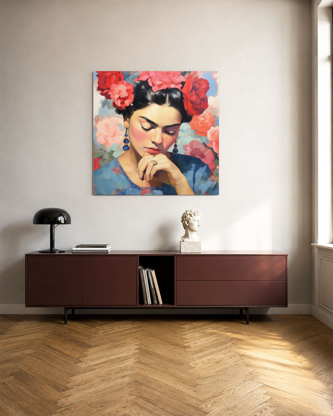 Dromerige bloemenportret kunstwerk – tweede productweergave – dit werk toont een vrouw met gesloten ogen, omringd door