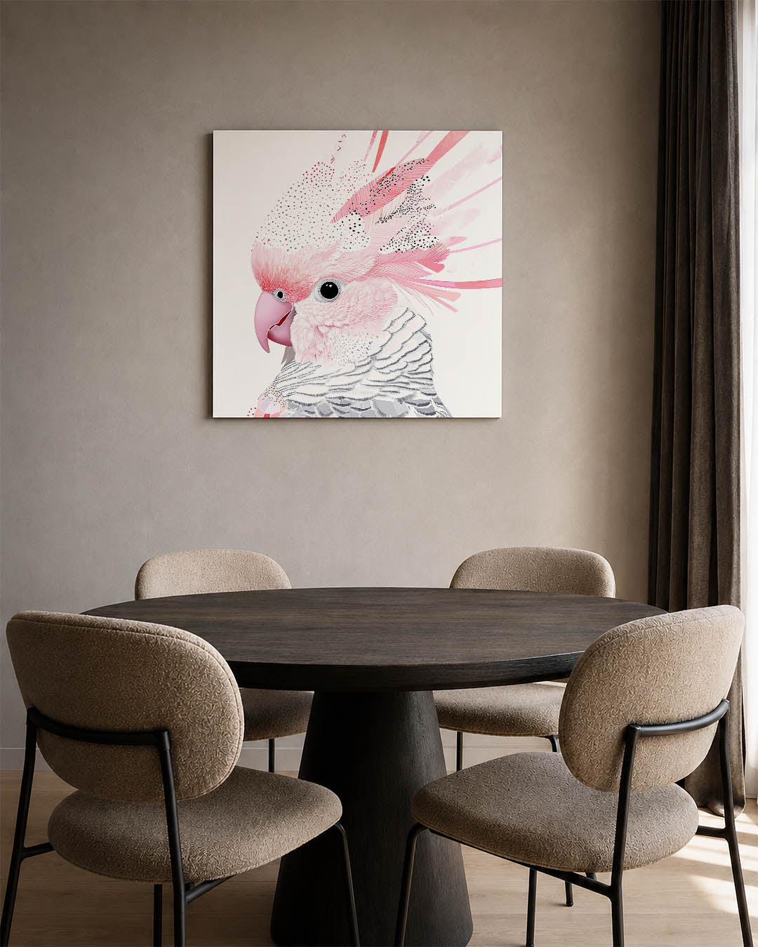 Vogelsilhouet met patronen kunstwerk – derde productweergave – dit werk toont een vogel met gedetailleerde patronen en zachte