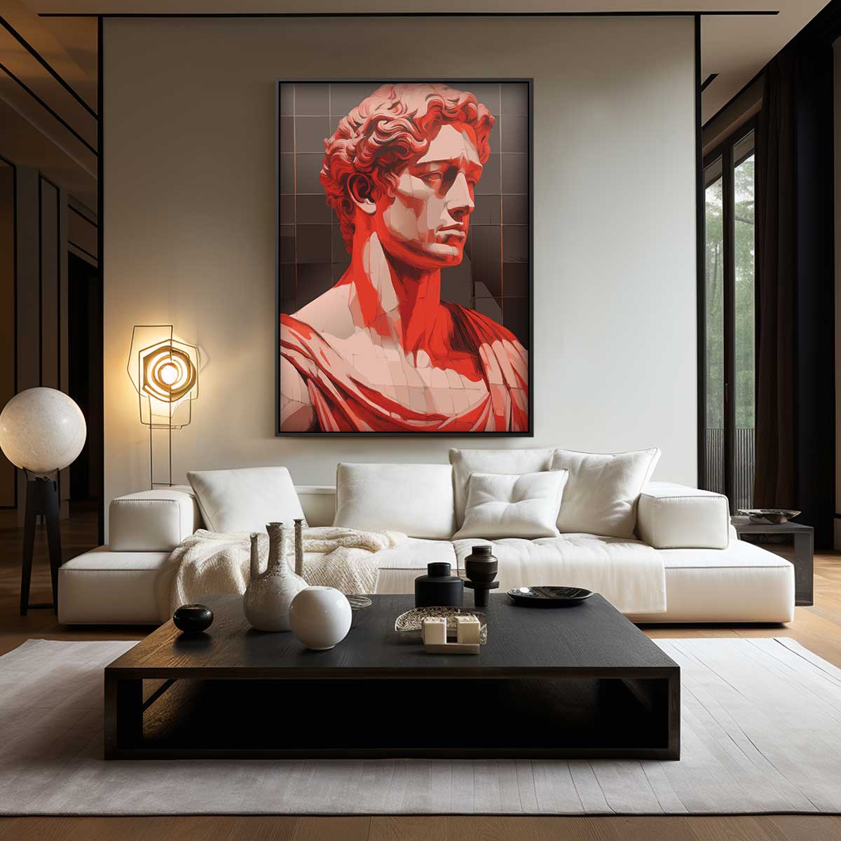 Klassieke Buste in Rood Licht – kunstwerk met zwarte baklijst