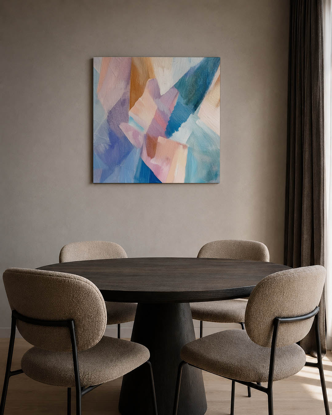 Kleurrijke vormen kunstwerk – tweede productweergave – dit werk toont een dynamische compositie van overlappende vormen in