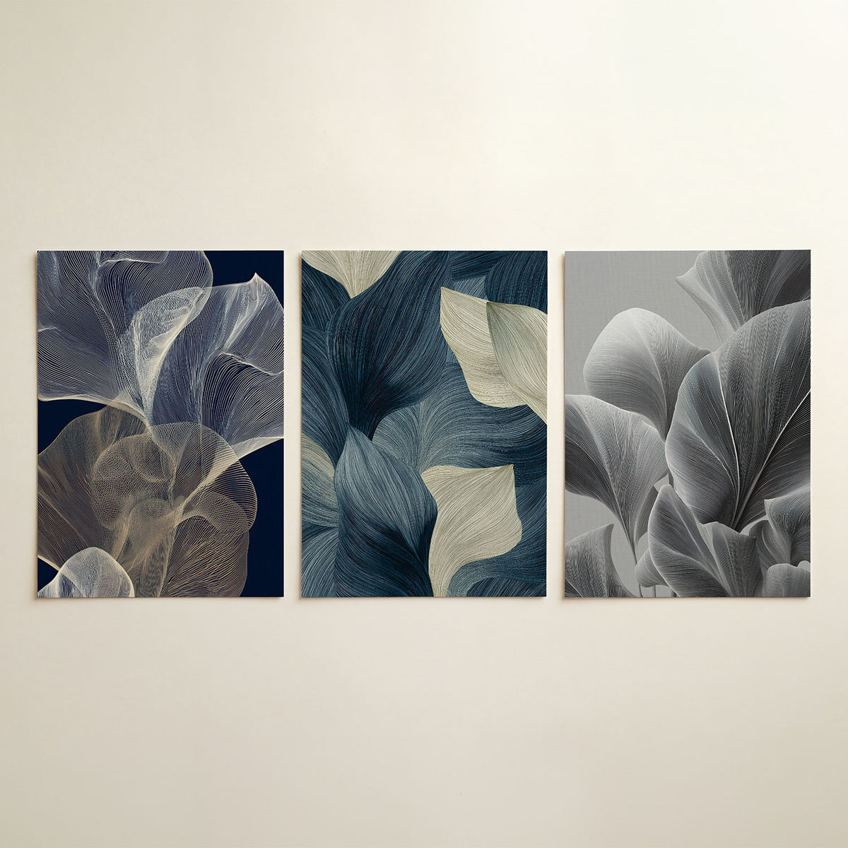 Lijnenspel en vlucht driedelige posterset in tweede interieur