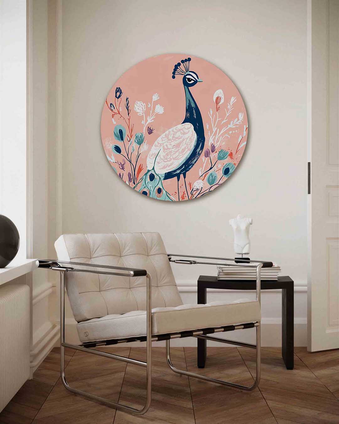 Pauw en bloemen – kleurrijke illustratie muurcirkel als wanddecoratie
