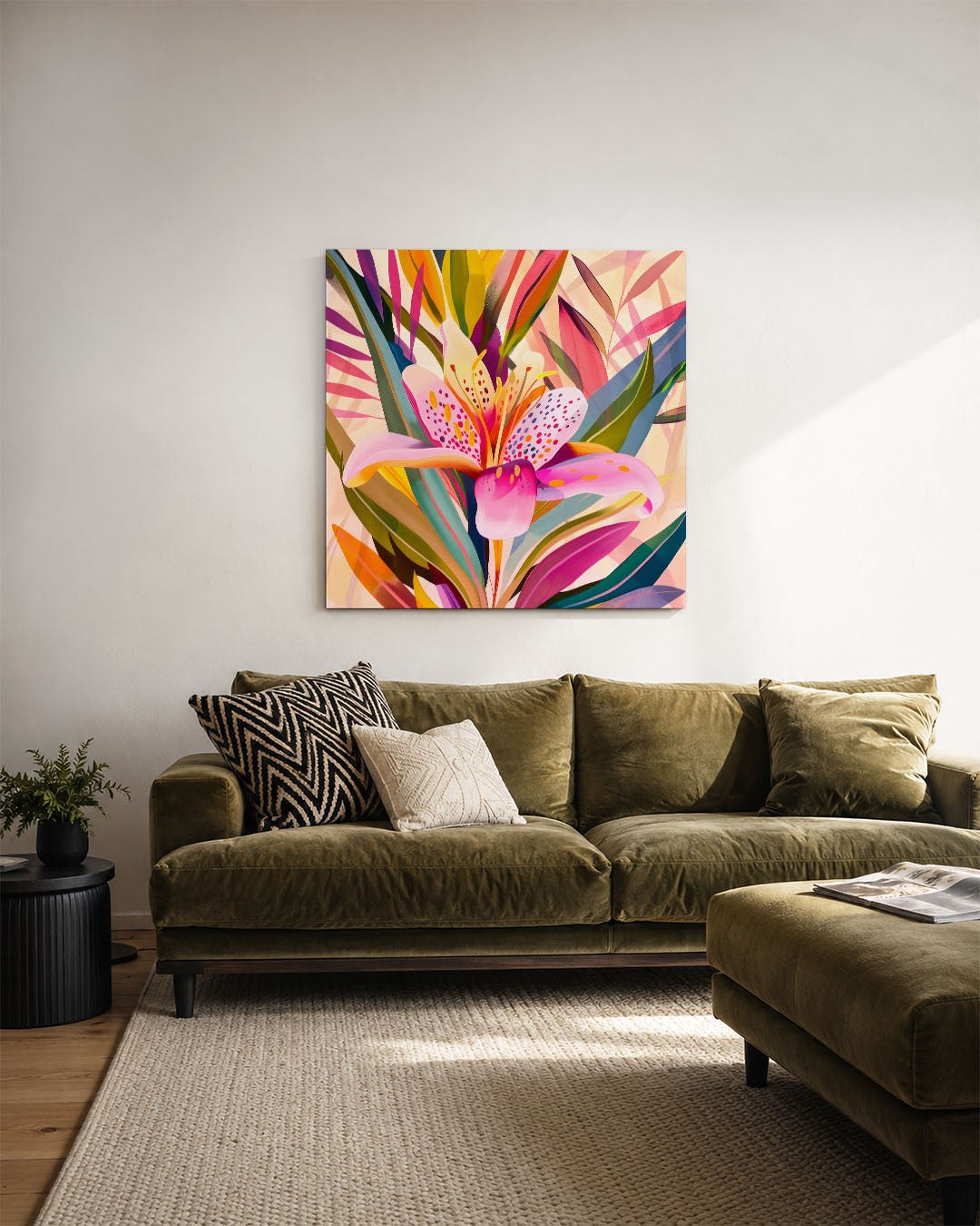 Kleurrijke bloemvormen kunstwerk – derde productweergave – dit werk toont een levendige compositie van overlappende