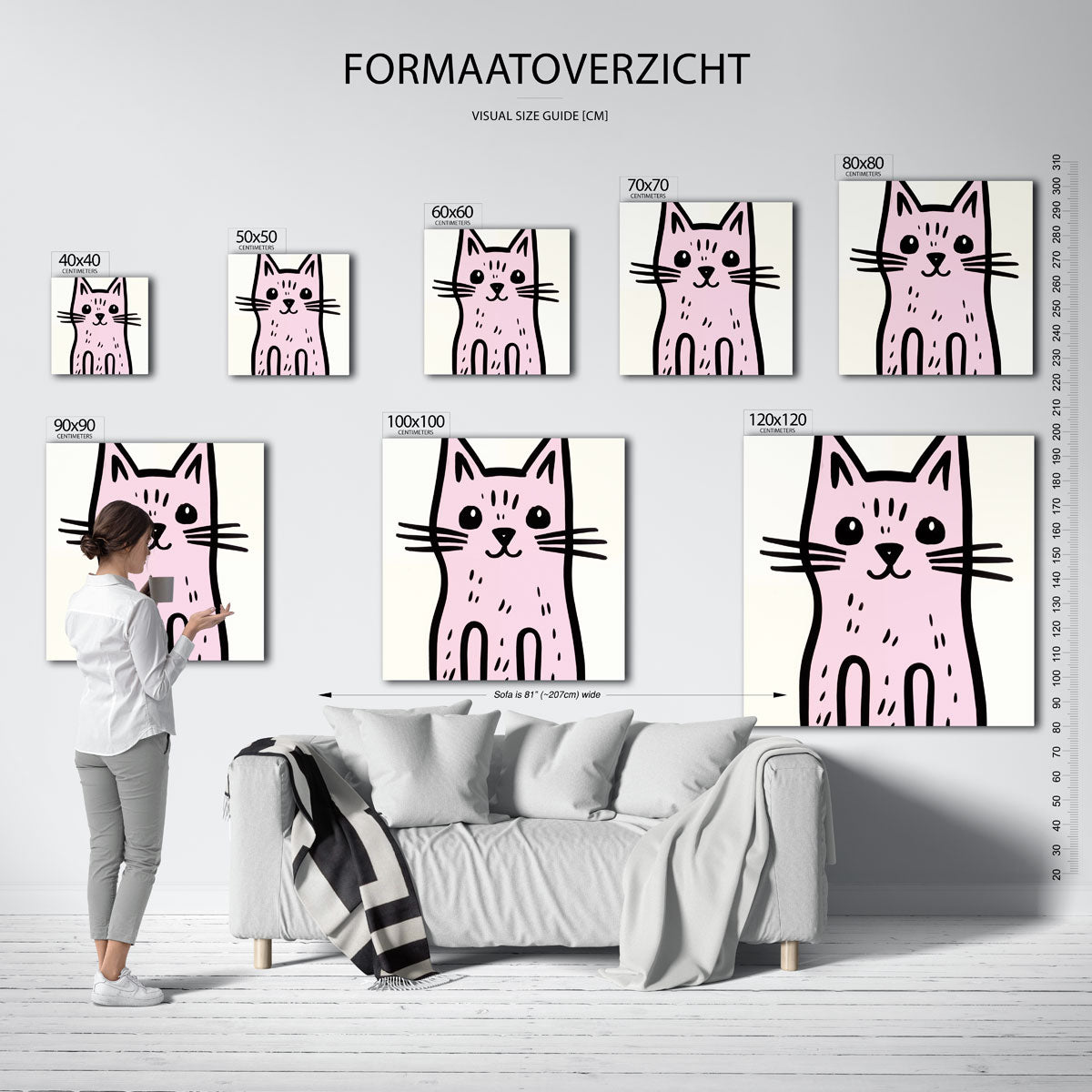 Roze kat – vierkante muurposter voor de kinderkamer