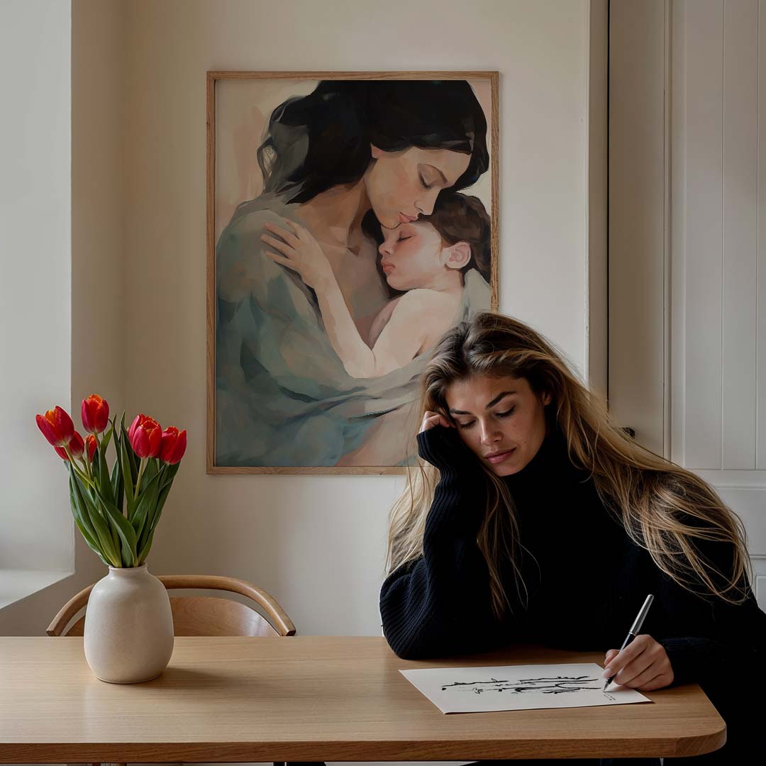 Moeder met baby in zachte tinten – staande vrouwelijke wanddecoratie van WallArtistic