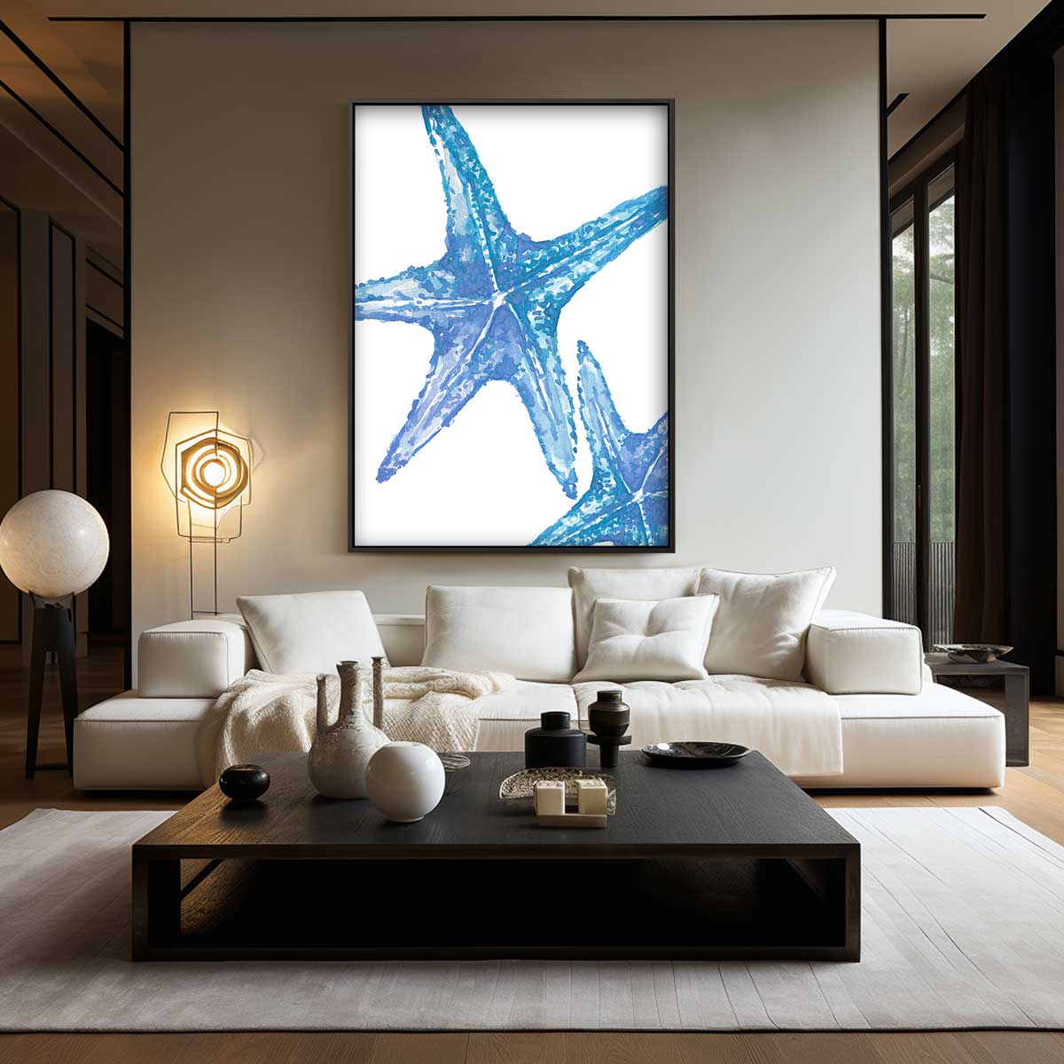 Blauwe zeester close-up – kunstwerk met zwarte baklijst
