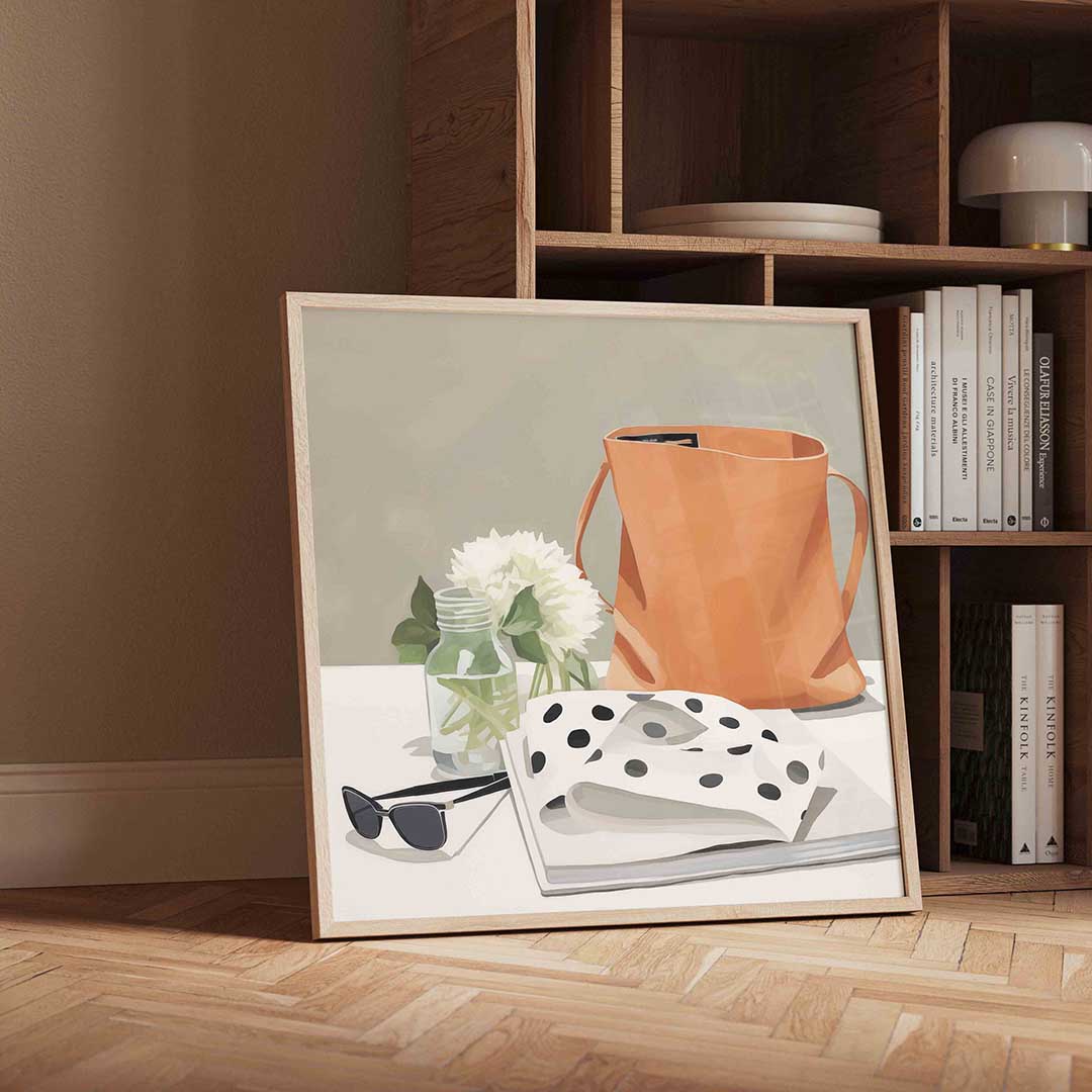 Oranje tas en bloemen – moderne wandkunst met kleur en vormen als poster