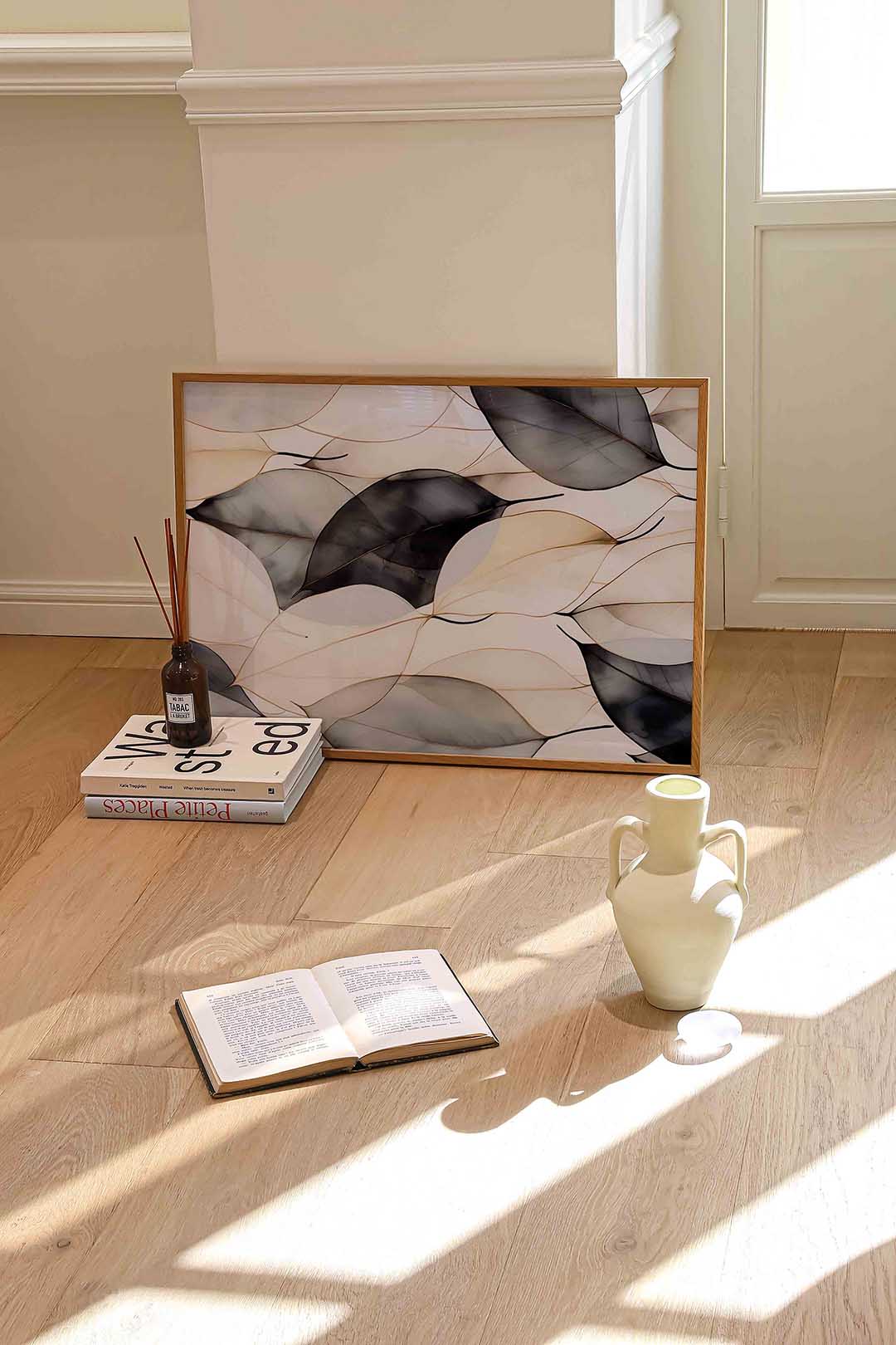 Bladeren in neutrale tinten – liggende abstracte wanddecoratie van WallArtistic