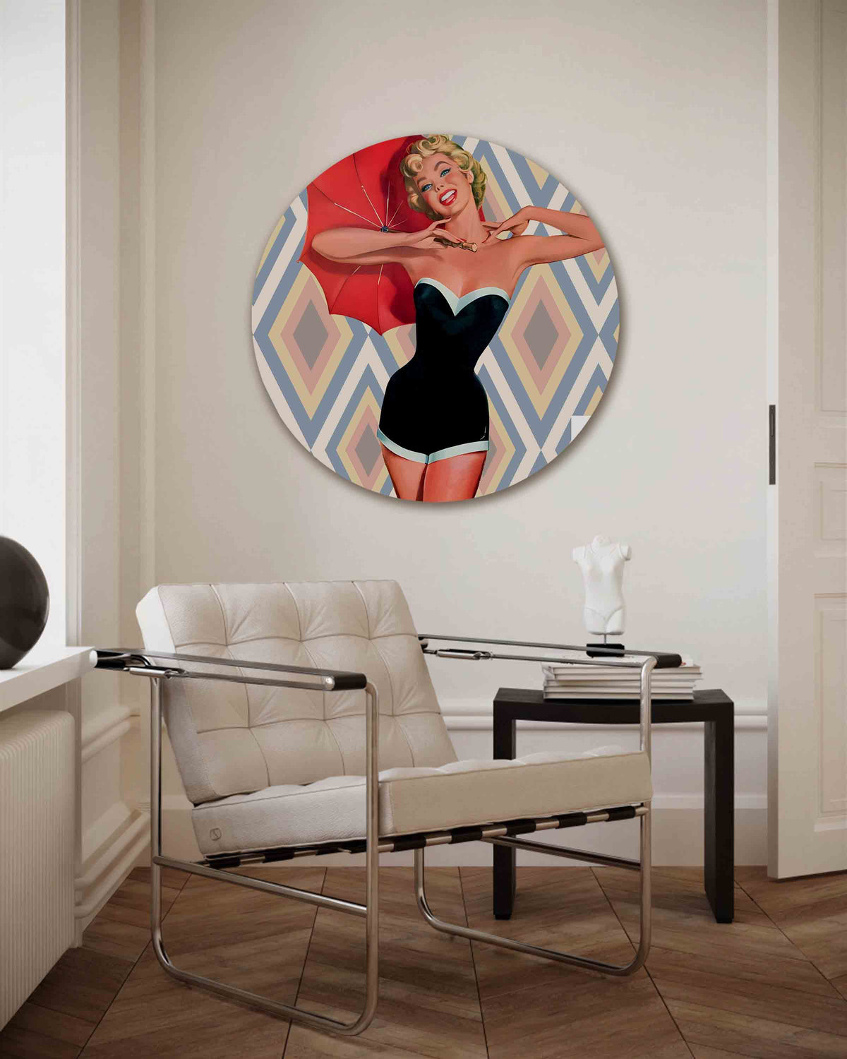 Vrouw met rode paraplu – Pop Art muurcirkel als ronde wanddecoratie