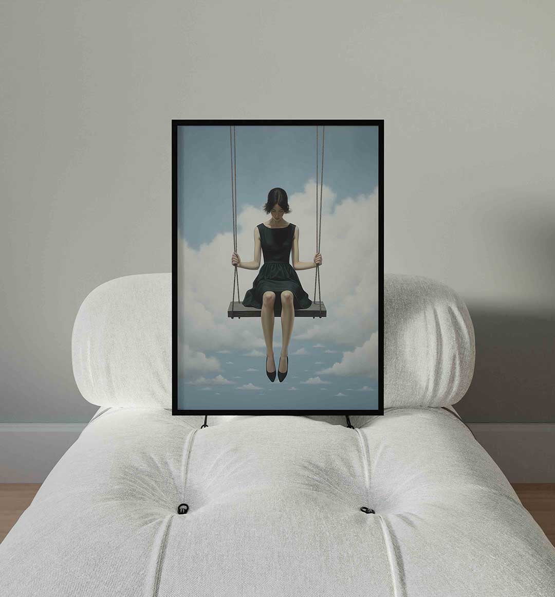 Vrouw op schommel – staande surrealistische wanddecoratie van WallArtistic