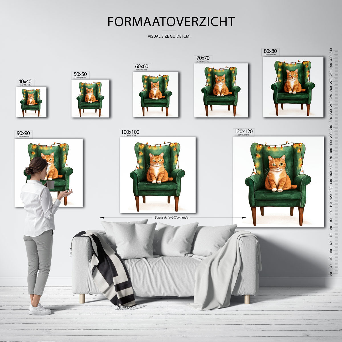 Kat op groene stoel – vierkante muurposter voor de kinderkamer