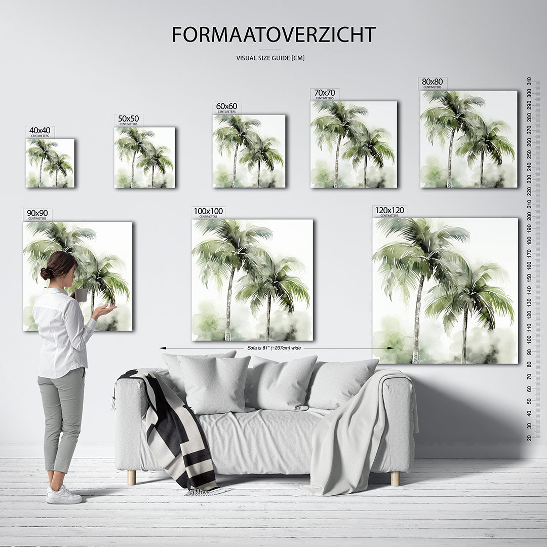 Tropische palmbomen kunstwerk – dit kunstwerk toont twee weelderige palmbomen met groene bladeren tegen een lichte