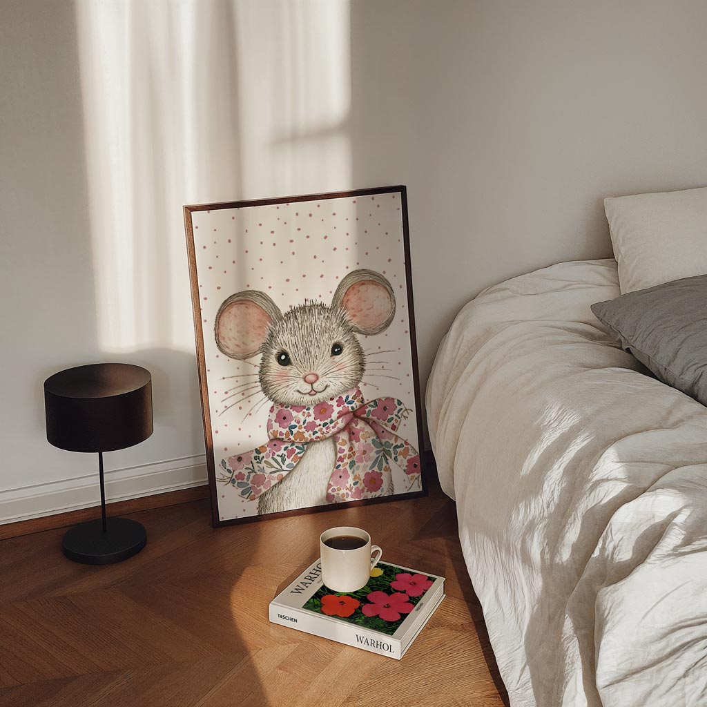 Schattige Muizenposter met Bloemensjaal – kinderposter in staand formaat
