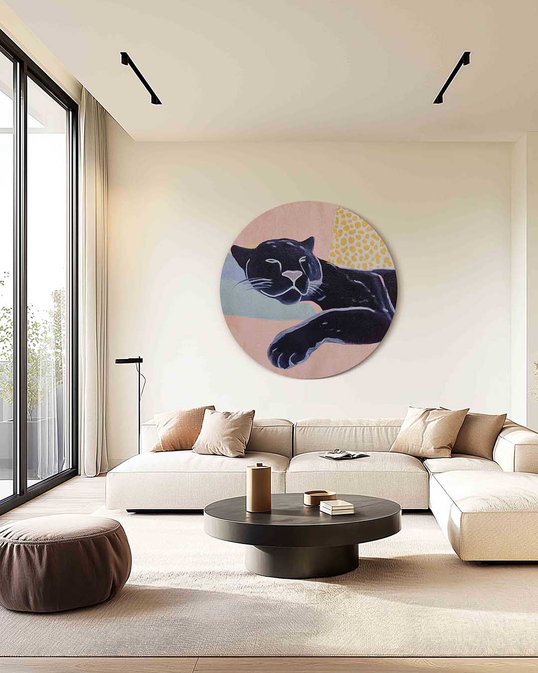 Zwarte panter – kleurrijke muurcirkel als ronde wanddecoratie