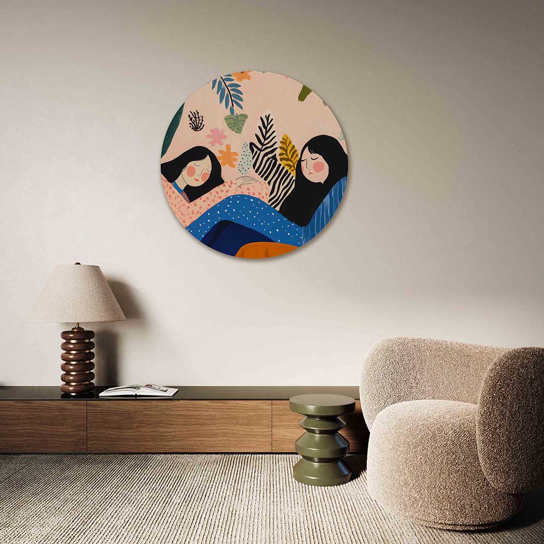 Vrouwen en bladeren – abstracte muurcirkel als ronde wanddecoratie