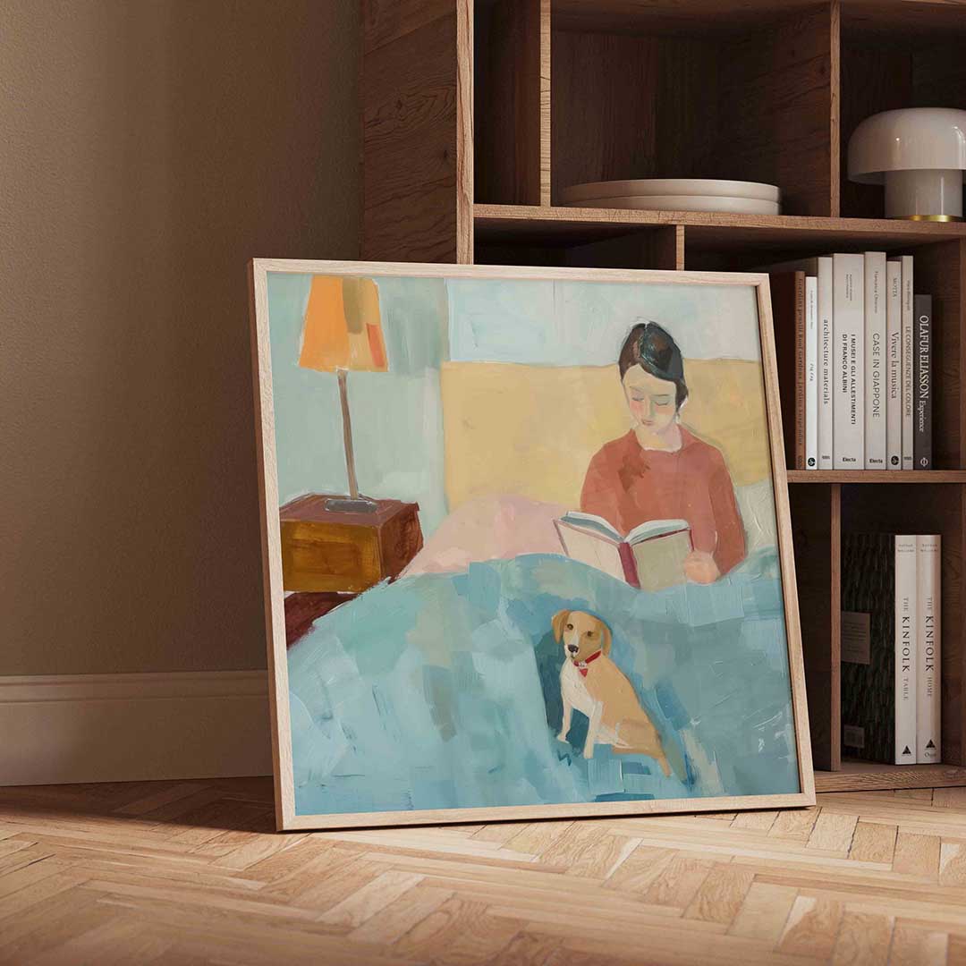 Lezende vrouw met hond – moderne wandkunst als vierkante poster
