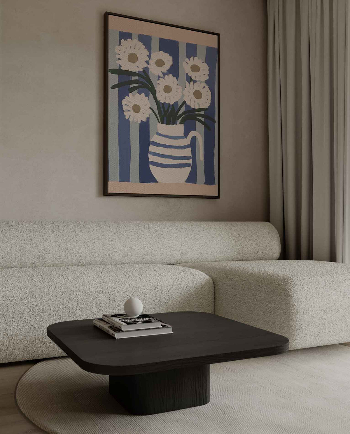 Bloemen in Blauwe Strepen – kunstwerk met zwarte baklijst