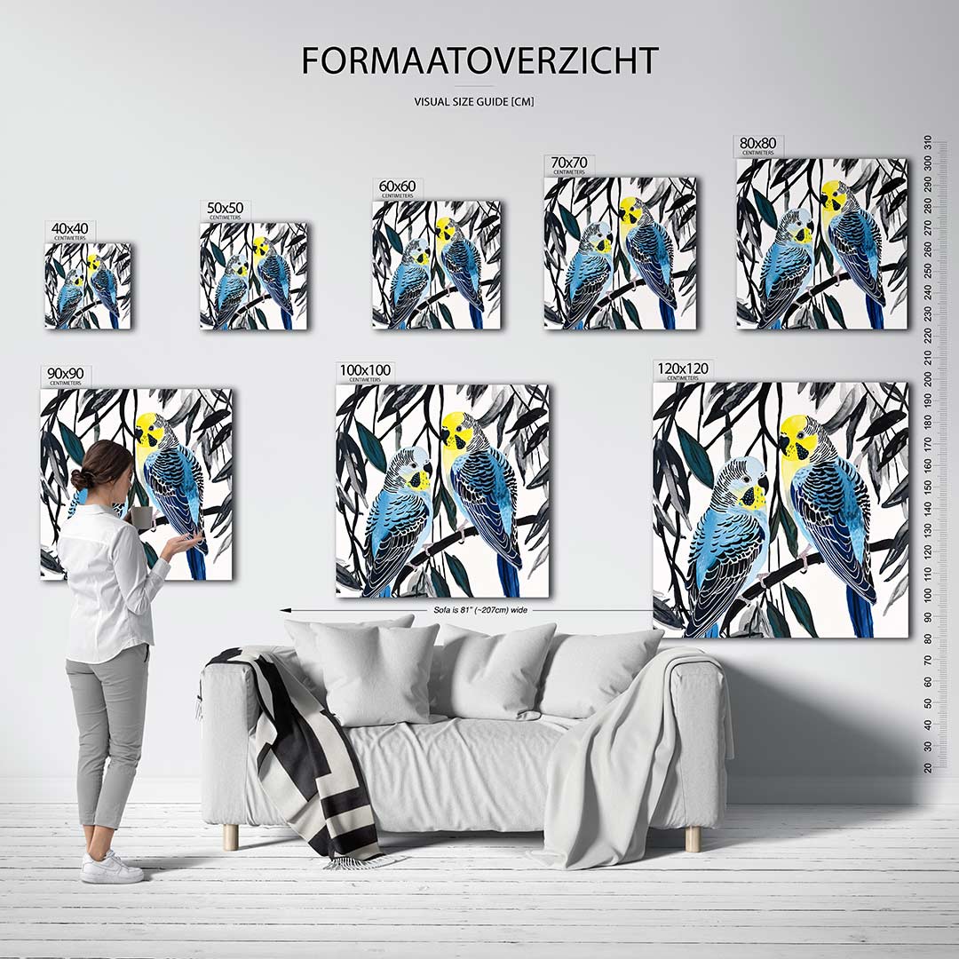 Vogels op tak kunstwerk – twee kleurrijke vogels zitten op een tak, omringd door bladeren. De compositie is levendig met