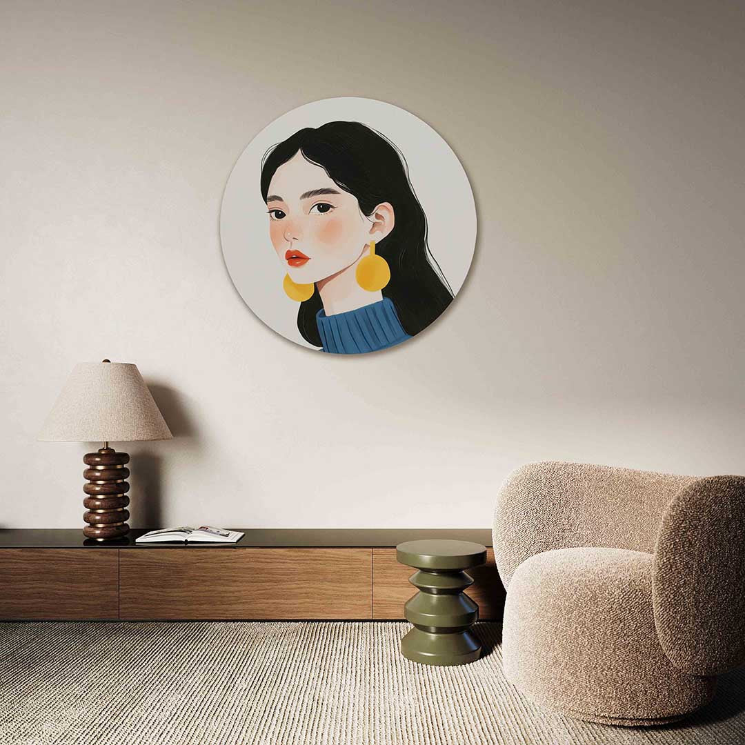 Portret met gele oorbellen – abstracte muurcirkel als ronde wanddecoratie