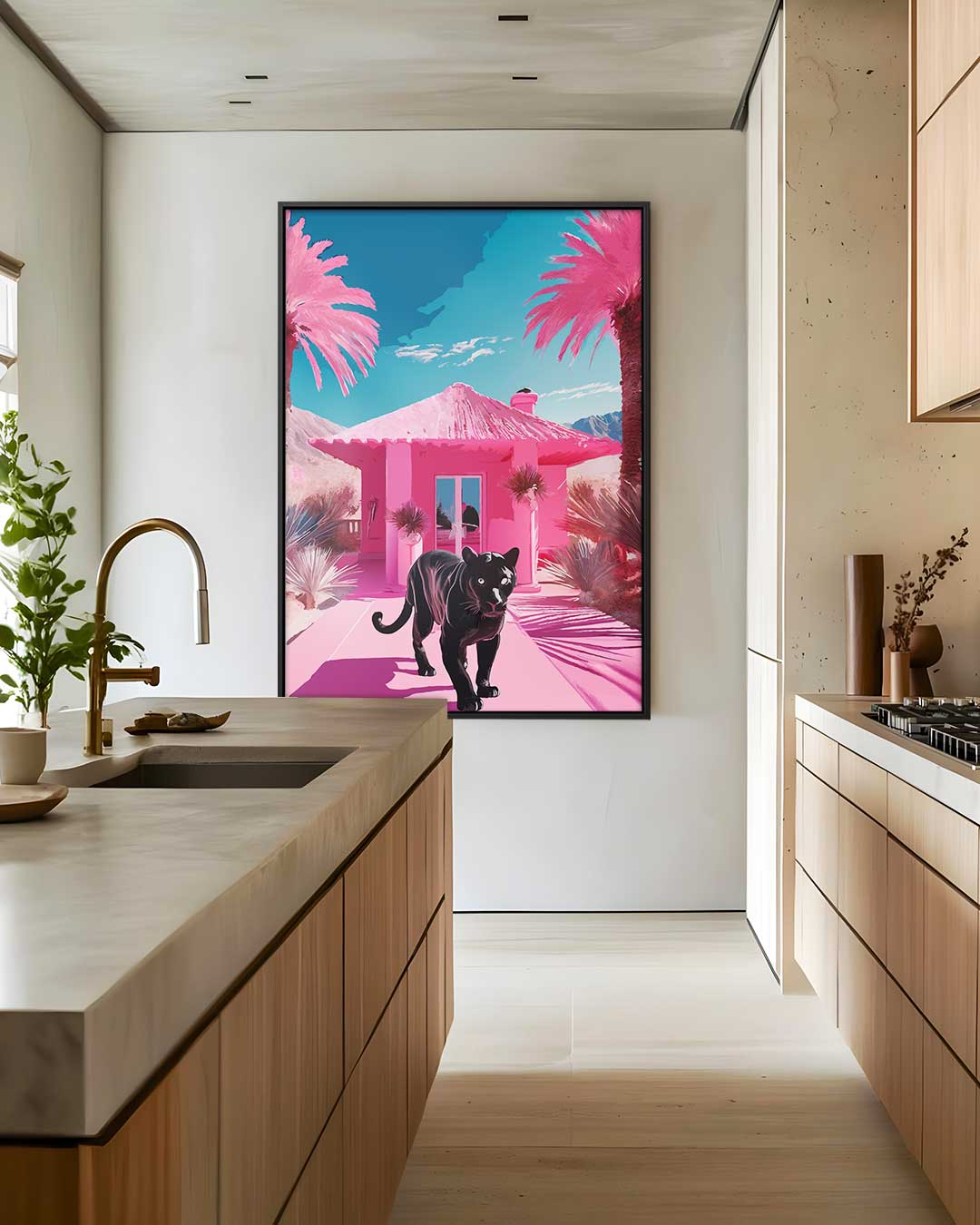 Panther in een Roze Paradijs – dibond wanddecoratie in staand formaat