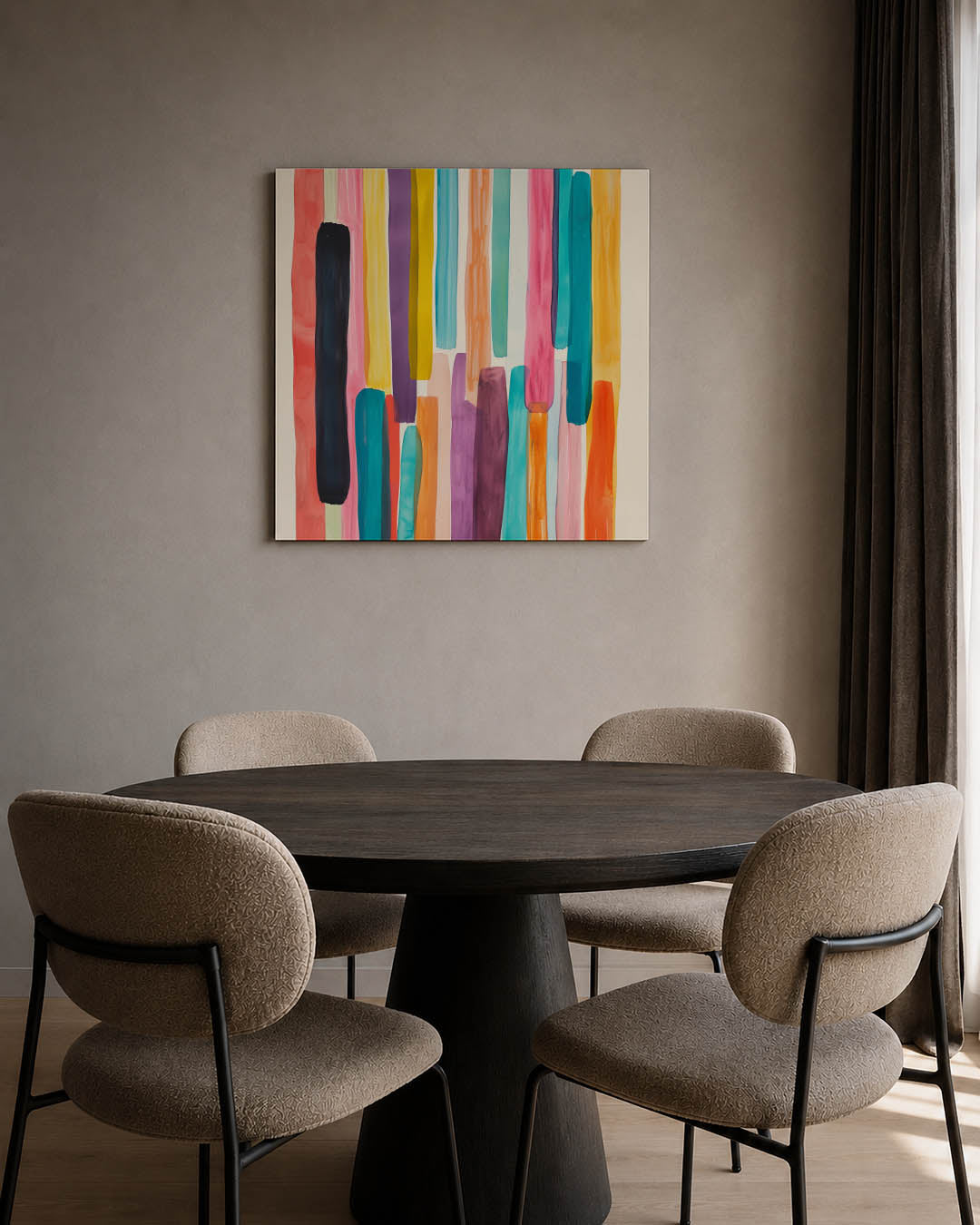 Kleurrijke verticale strepen kunstwerk – tweede productweergave – dit werk toont een compositie van verticale strepen in