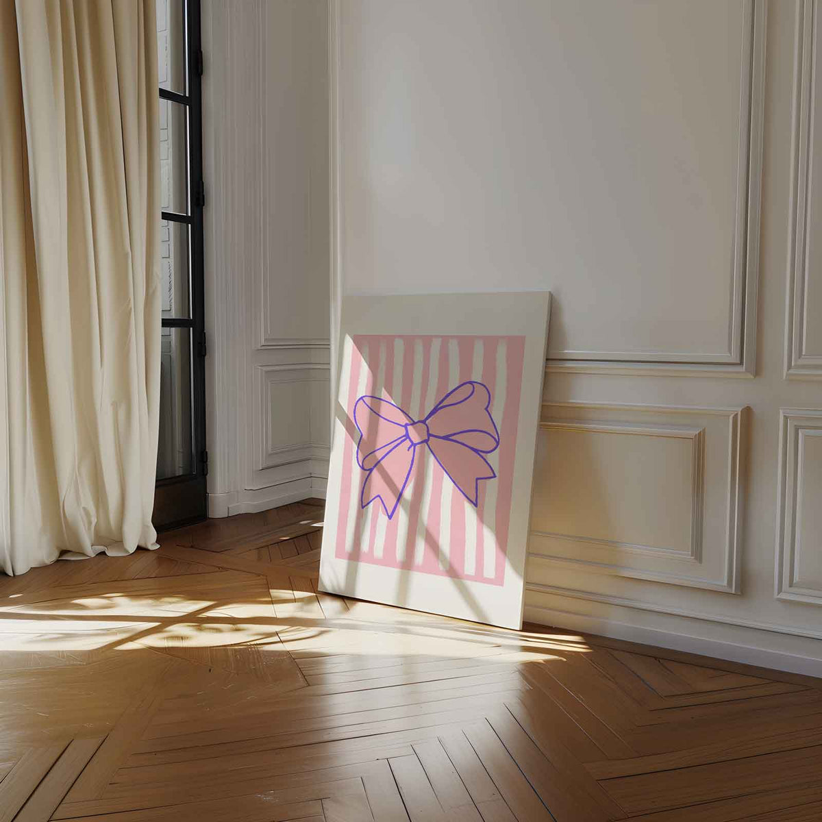 Speelse Strik op Roze Strepen – dibond kunstwerk als wanddecoratie