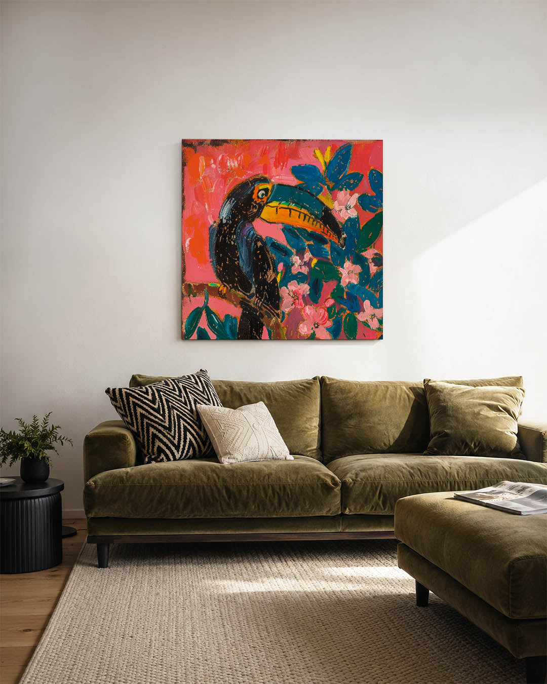 Vrolijke toekan kunstwerk – sfeerbeeld – dit kunstwerk toont een kleurrijke toekan te midden van levendige bloemen en