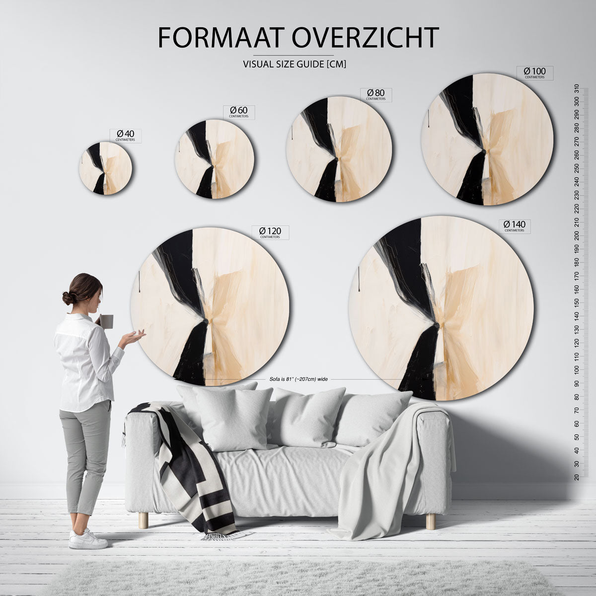 Abstracte zwart en beige – abstracte wandkunst met textuur als muurcirkel