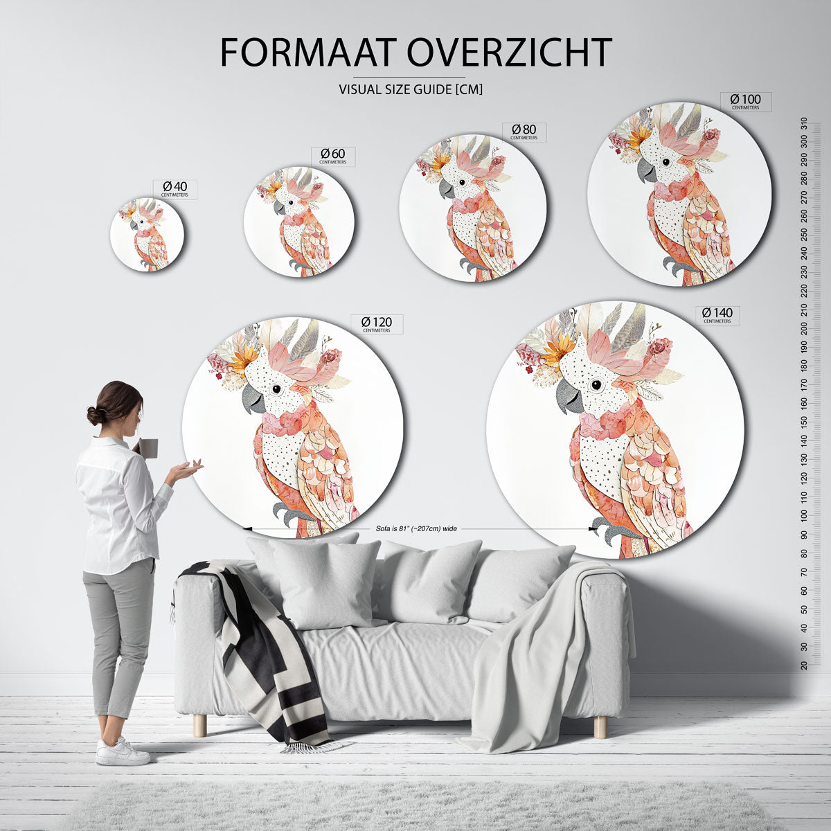 Papegaai met bloemen – ronde muurcirkel met kleurrijke illustratie