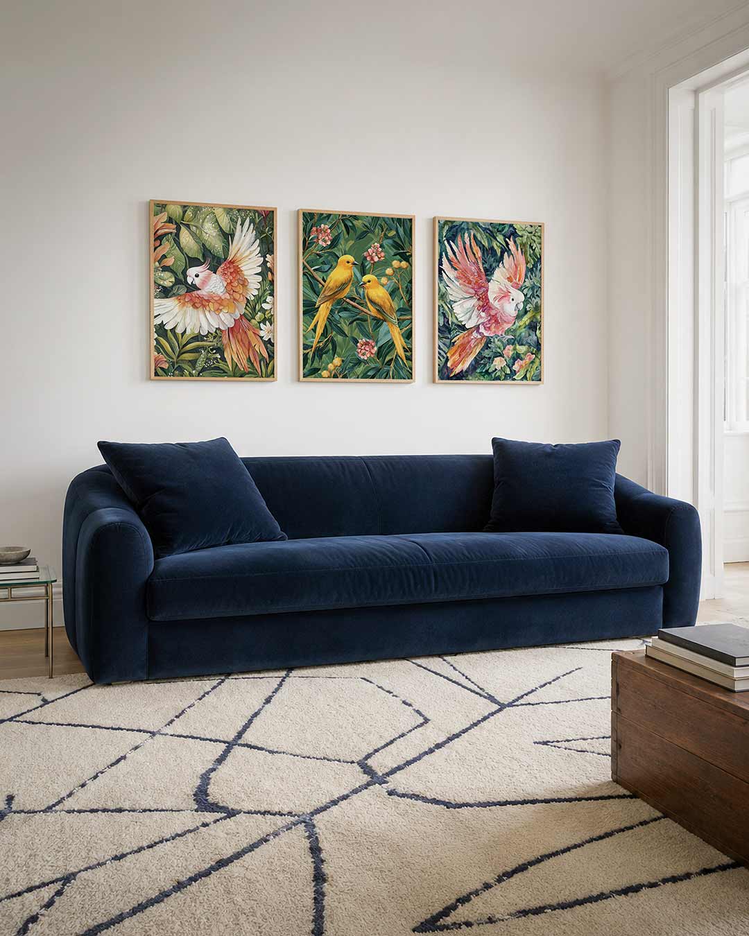 Vleugels en bladeren driedelige posterset – een kleurrijke vogel met roze en oranje veren vliegt tussen