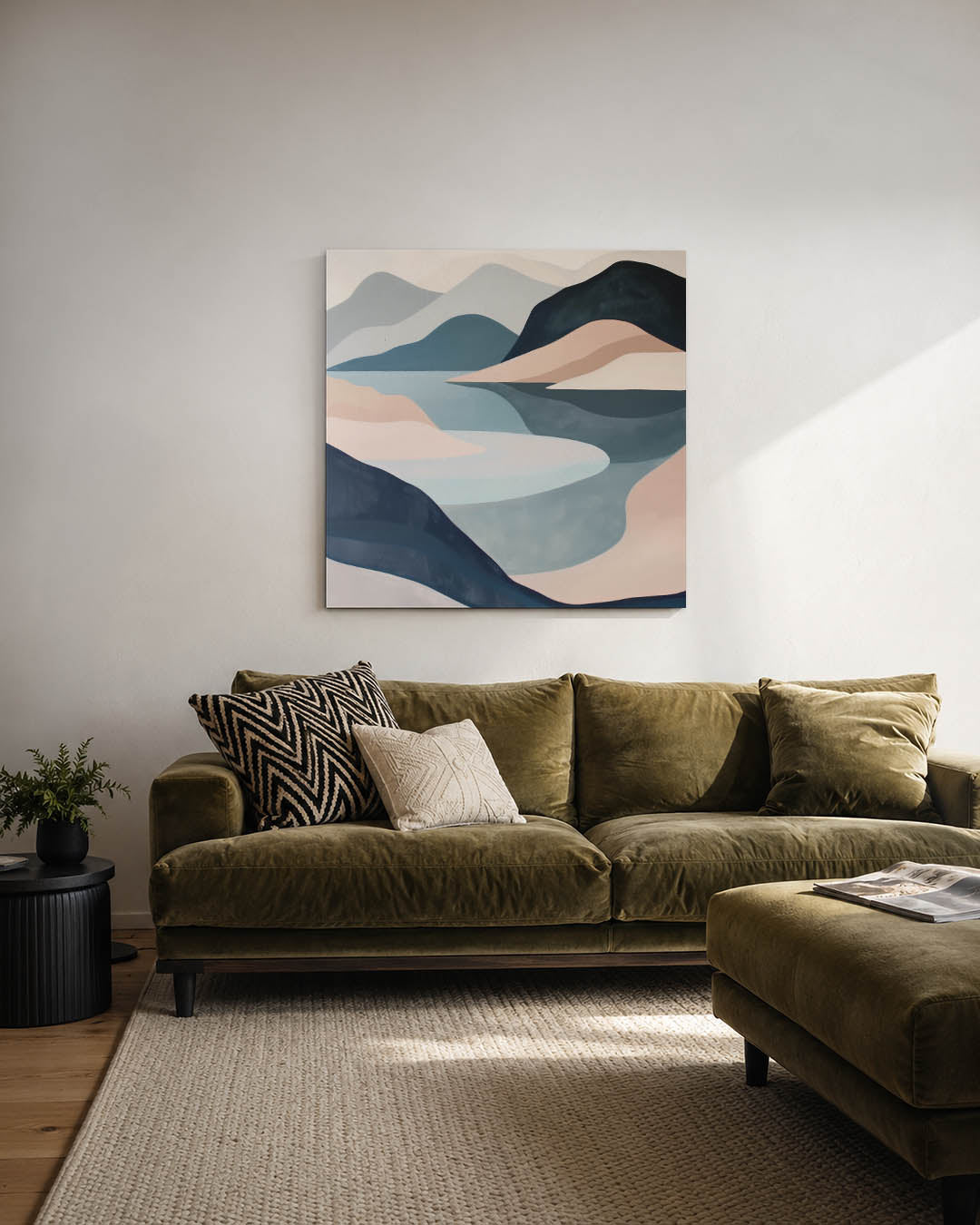 Vloeiende berglandschap kunstwerk – derde productweergave – dit werk toont een compositie van vloeiende lijnen en zachte