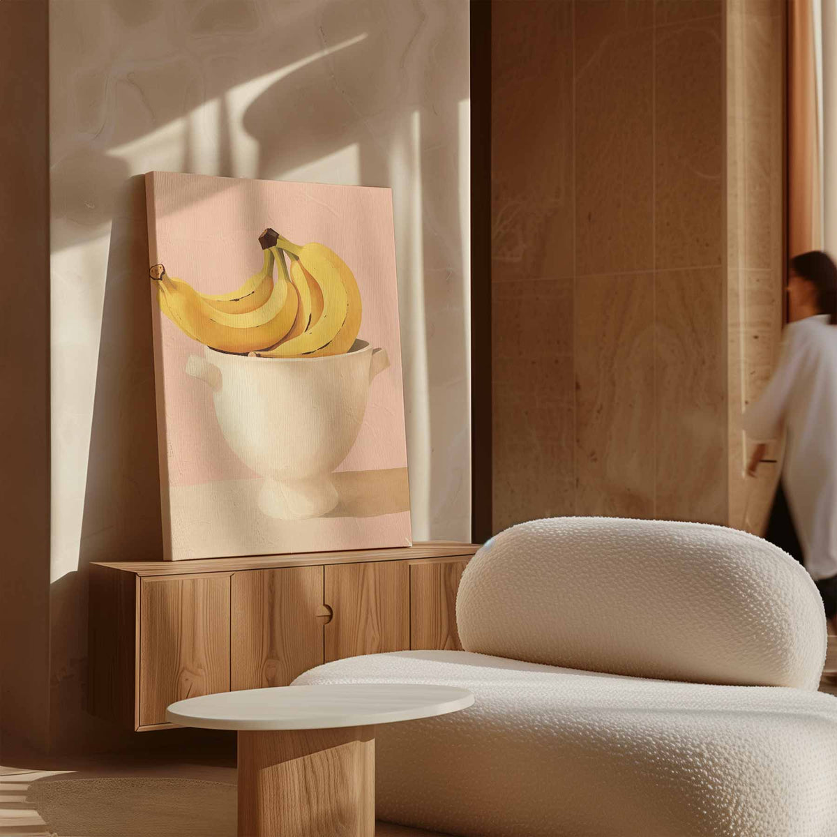 Bananen in een Witte Kom op Roze Achtergrond – staand kunstwerk voor modern interieur