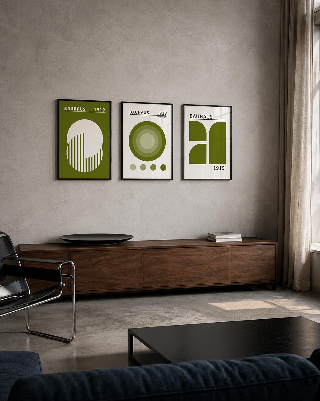 Cirkel en strepen posterset – tweede productweergave – een groene achtergrond met een witte cirkel. Binnen de cirkel zijn