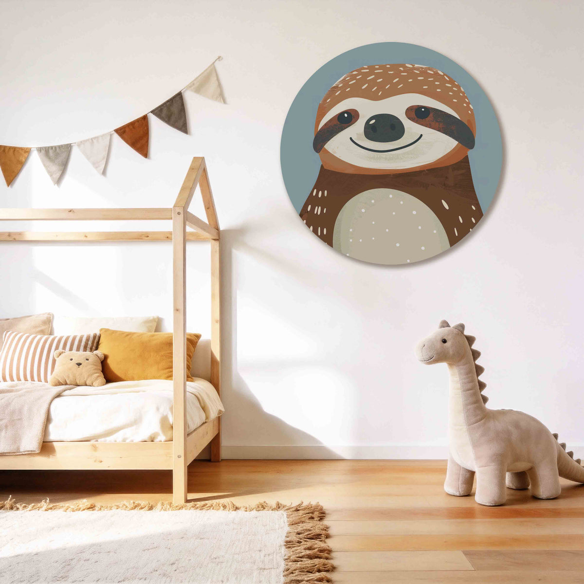 Lachende luiaard Muurcirkel – tweede productweergave – Een lachende luiaard met bruine en beige tinten op een blauwe