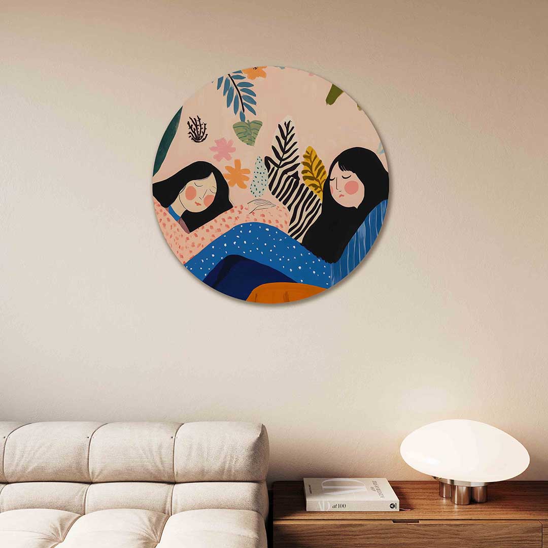 Vrouwen en bladeren – moderne abstracte muurcirkel voor aan de muur
