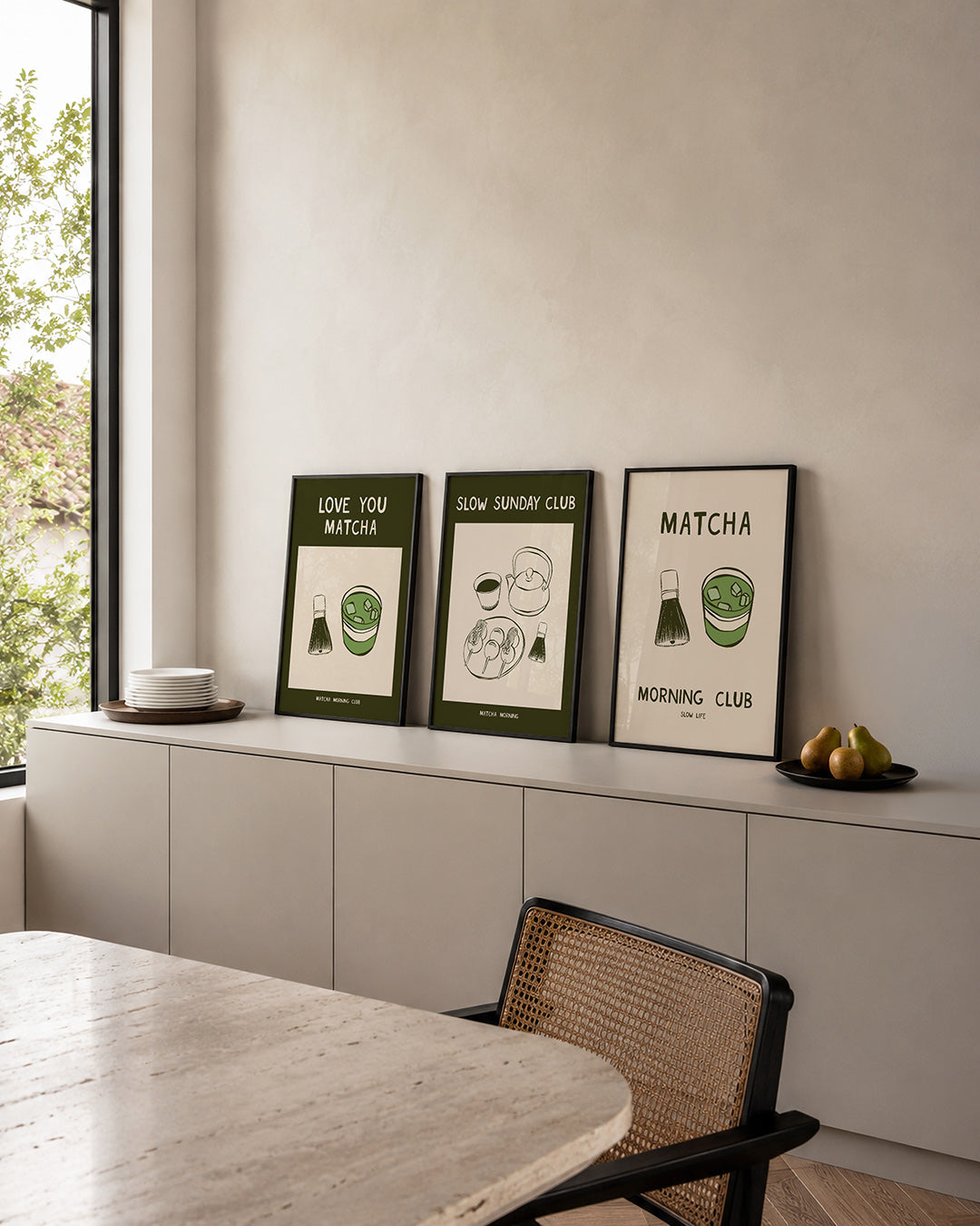 Matcha illustratie posterset – detailweergave – een speelse compositie met een matcha kom en klopper