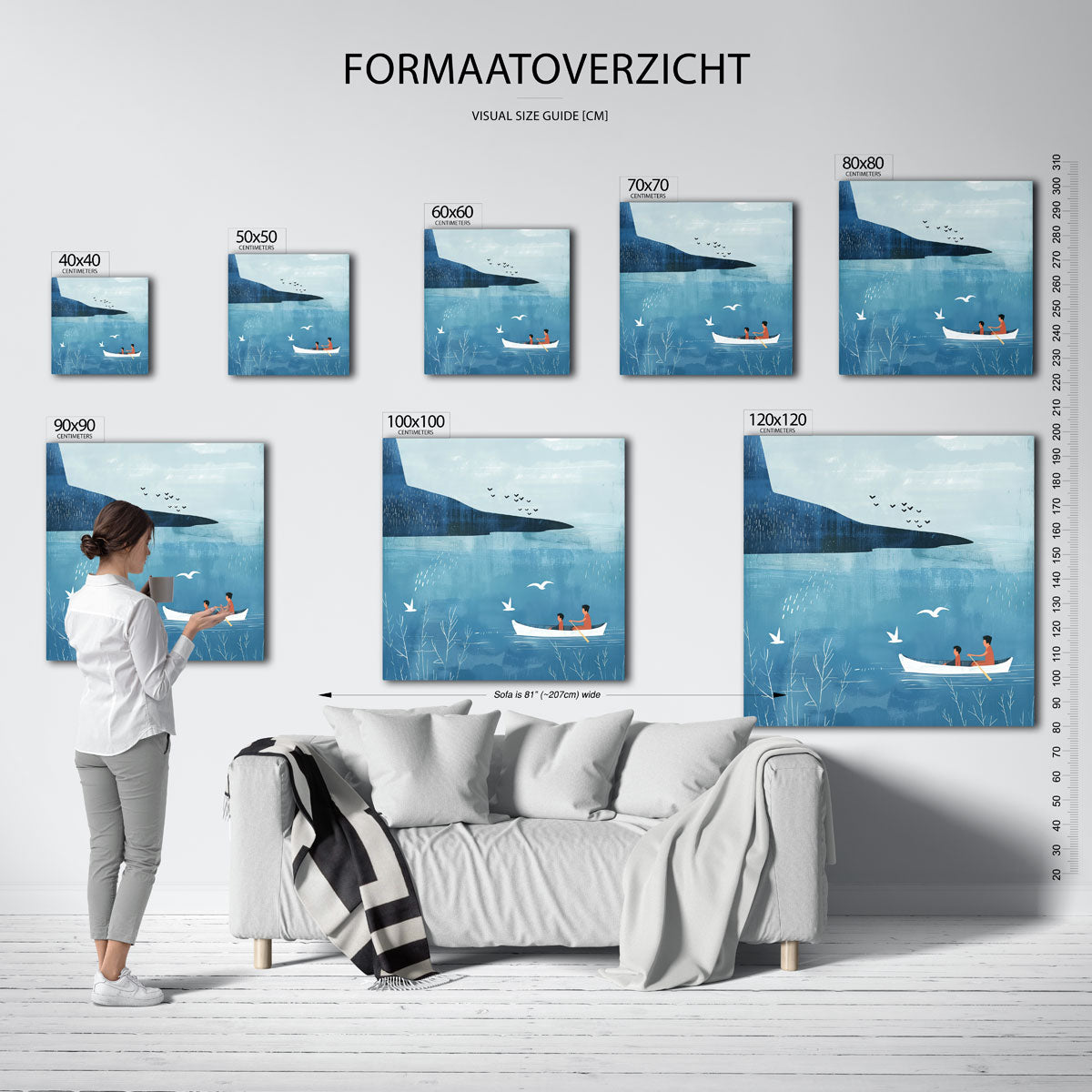 Roeiboot op blauwe zee – vierkante muurposter voor de kinderkamer