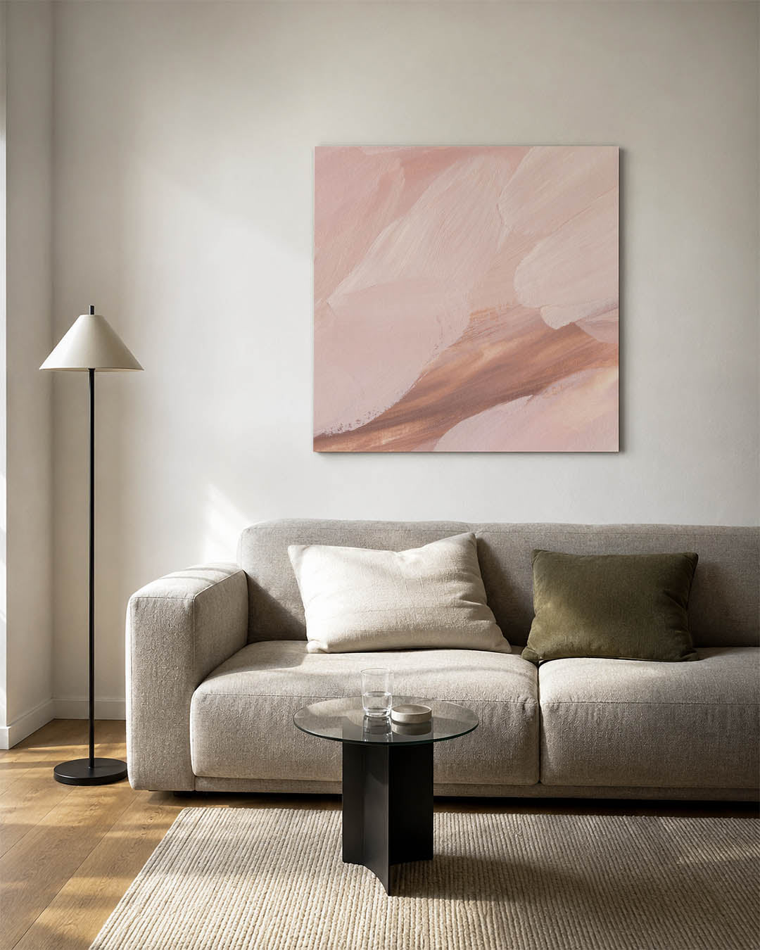 Zachte borstelstreken kunstwerk – detailweergave – dit kunstwerk toont vloeiende, zachte borstelstreken in roze en beige